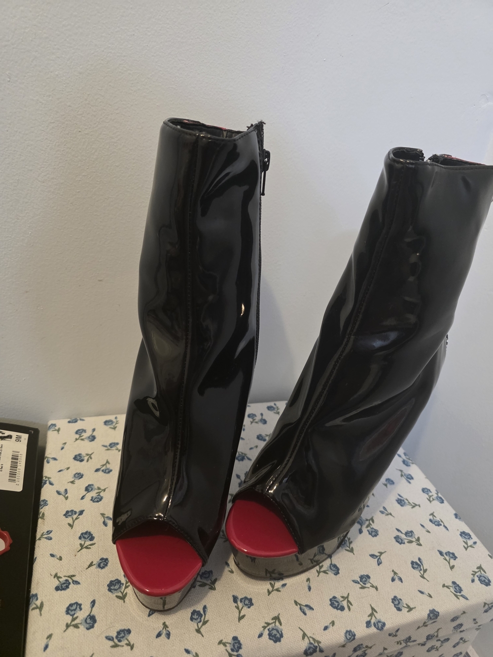 Pleaser Women’s Black Patent Boots with Red Trim